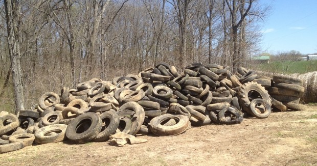 A pile tires pulled from the sinkholes.