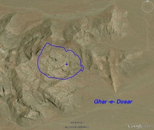 Ghar-e-Dosar's outline overlaid on Google Earth Satellite imagery.