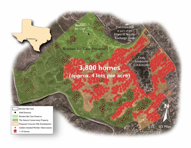 Map showing the proposed Crescent Hills Subdivision south of the Bracken Cave Reserve.