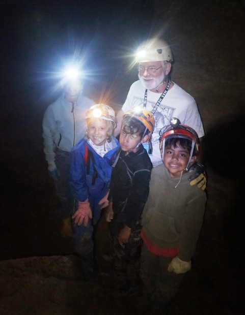 Intrepid JSS junior cavers join NSS President Wm Shrewsbury in Rupert Cave.