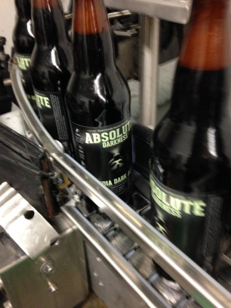 Vancouver Island Brewery’s Absolute Darkness India Dark Ale being bottled.