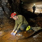Brian Bachmann collecting bacterial samples in Rockvale, Tennessee's Snail Shell Cave.