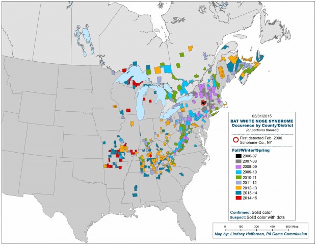 White-nose Syndrome Map Updated April 1st, 2015.