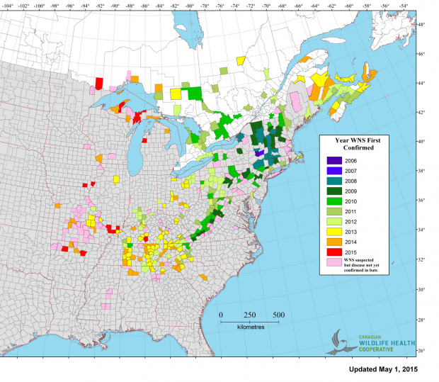 White-Nose Syndrome Map Updated May 1st, 2015.